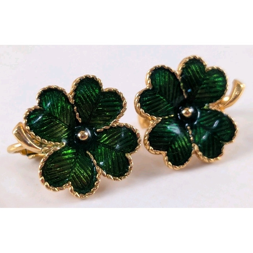 Vintage Avon Green‎ Enamel Gold Tone Lucky Four Leaf Clover Clip On Earrings